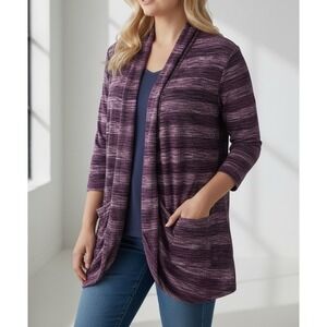 LOGO Lori Goldstein Purple Space Dye Open Front Cardigan Shawl Collar Pockets L